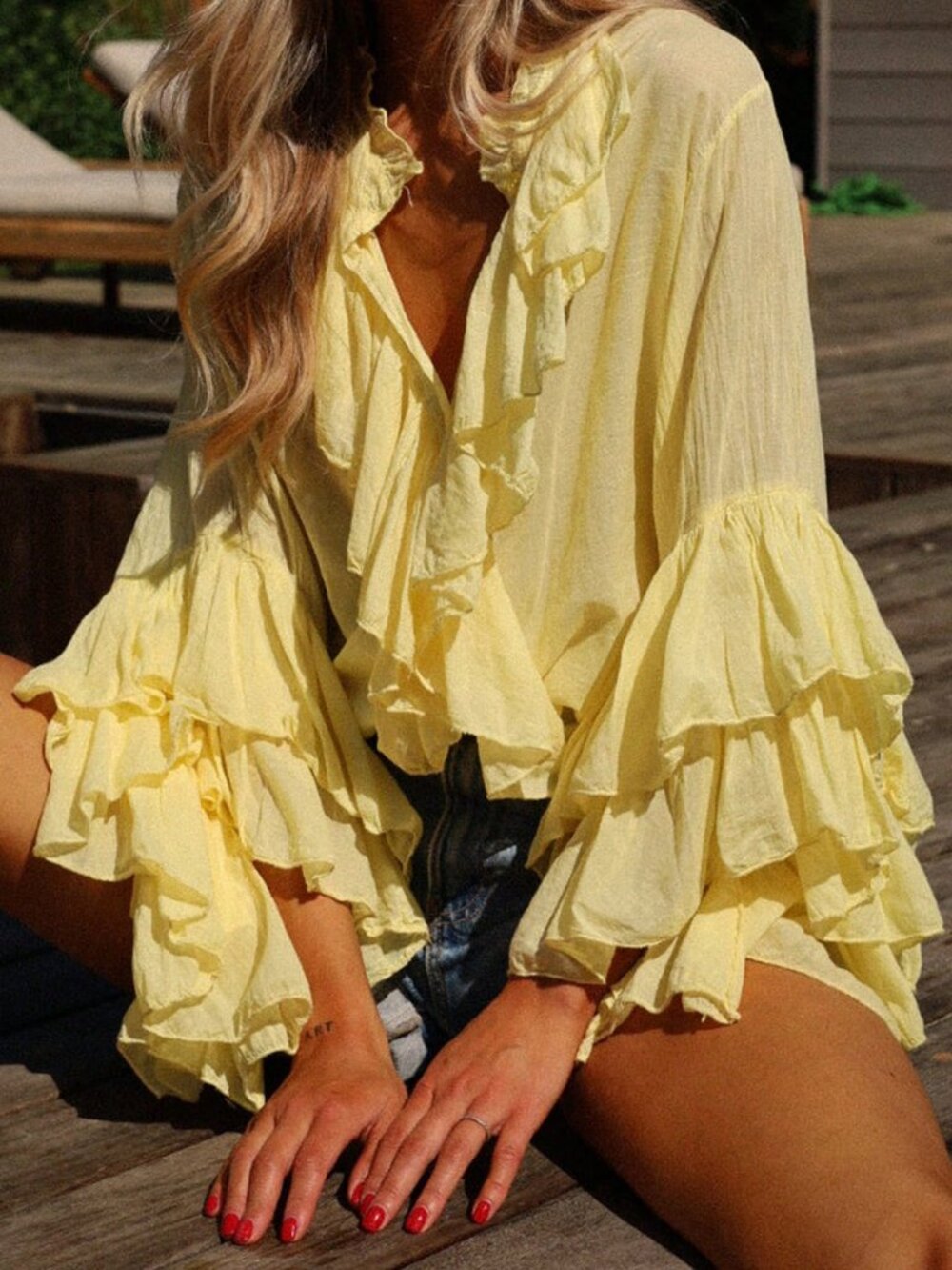 Yellow Boho Women's Long Sleeve Ruffled Button-Down Collared Blouse
